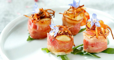 Bacon-wrapped Alaska Cod and Potato Mash Roasted with Onion