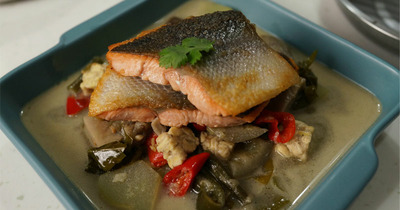 Pan-Seared Sockeye Salmon with Coconut Milk Vegetable Stew