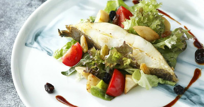 Raisin Salad with Fried Alaska Sole and Sautéed Mushrooms